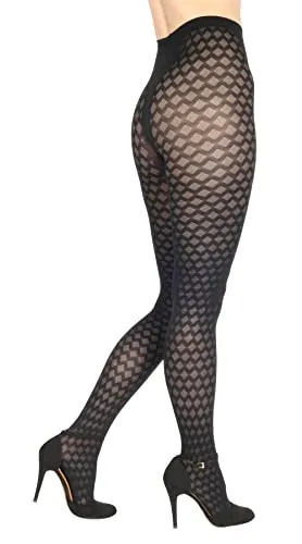 BANANALU Netz Strumpfhosen Damen mit Karo Muster 60 Den blickdichte karierte Alina 60 Nero L