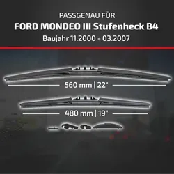 HEYNER® Scheibenwischer für Ford Mondeo III (11.2000 - 03.2007) - HYBRID Scheibenwischer mit optimaler Wischleistung. Kombination aus Gelenktechnologie und Flachbalkendesign für perfekten Anpressdruck und Aerodynamik. Ideal für Winterbedingungen, langlebig und leise.