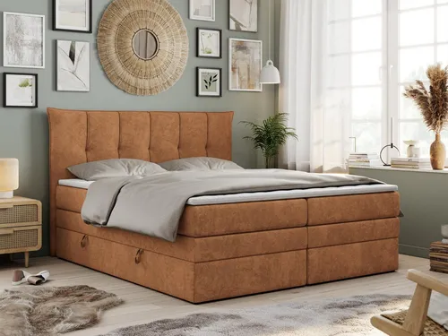 MKS Boxspringbett Orange 200x200 cm – 2-Sitzer mit Komfort - Hochwertiges Boxspringbett der 'KING'-Serie für optimalen Schlafkomfort. Zwei Matratzen mit 7 Härtezonen und Kokosfasern sorgen für beste Anpassung und Luftzirkulation.