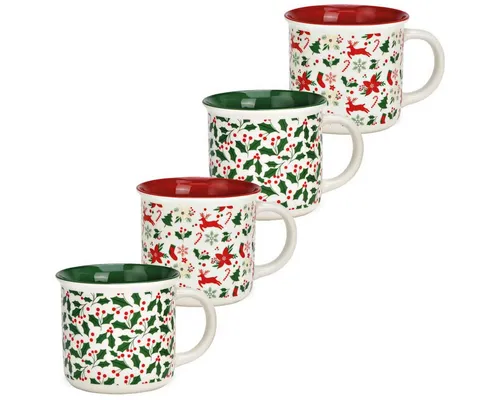 matches21 HOME & HOBBY Tasse Große Email-Optik Weihnachts-Tassen 4er Set grün rot, 8 cm 400 ml, 4-tlg., Porzellan, Spülmaschinenfeste Kaffeetassen Kaffee-Becher als Glühweintassen