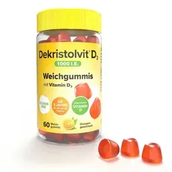 Dekristolvit D3 1000 I.E. Weichgummis - Arzneimittel für die ganze Familie, 100% zuckerfrei und mit natürlichem Orangengeschmack – ideal zur täglichen Vitamin D Versorgung, unterstützt das Immunsystem und die Knochengesundheit.