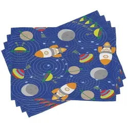 Abakuhaus Platzset Waschbare Stoff Esszimmer Küche Tischdekorations Digitaldruck, (4-teilig, 4-St., Set aus 4x), Kindergarten Weltraum Mond UFO bunt