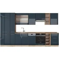 Vicco Küchenzeile Fame-Line, Dunkelblau Hochglanz / Goldkraft Eiche, 355 cm - Küchenzeilen mit flexibler Modulkombination für individuelles Design und optimalen Stauraum. Hochwertige MDF-Fronten und Soft-Close-Scharniere sorgen für Langlebigkeit und Komfort.