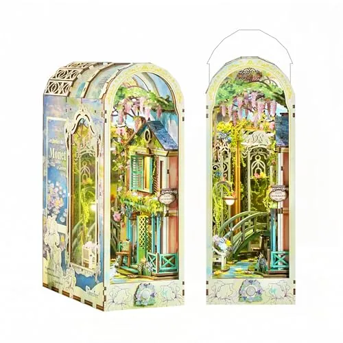 Tonecheer Book Nook Kit mit Staubschutz und LED-Licht, 3D Puzzle Buchstützen aus Holz, Kreative Buchstütze für Bibliothek, DIY Set Erwachsene Geschenkideen(Giverny-Garten)