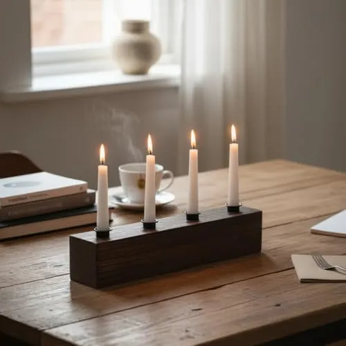 LS-LebenStil Holz Kerzenständer Unika 38cm 4-Fach Braun Vintage Stabkerzenhalter Kerzenleuchter Kerzenleiste Kerzenhalter Adventskranz Kerzenteller Advent