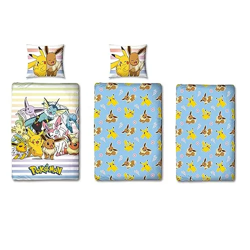 Pokemon Bettwäsche Set 3-teilig mit Pikachu Design - Bettwaren-Set für Kinder, bestehend aus 135x200 cm Bettbezug, 80x80 cm Kissenbezug und 90x200 cm Spannbettlaken. Hochwertige 100% Baumwolle für Komfort und Pflegeleichtigkeit, ideal für Pokémon-Fans.