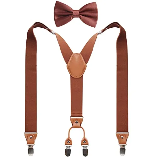 GUCHOL Hosenträger-Fliege für Damen und Herren, strapazierfähig, elastisch, breite Hosenträger, starke 4 Metall-Clips, verstellbar, braun, L