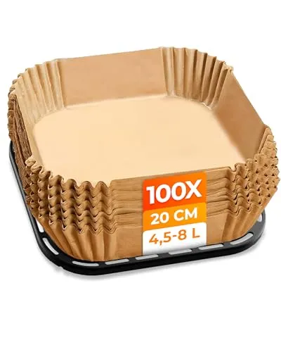 ONBEST Backpapier 20x20 cm für Heißluftfritteuse – 100 eckige Airfryer/Air Fryer Einlagen, BPA frei, bis 230 °C – Zubehör in Spenderbox, universal 4,5–8 L