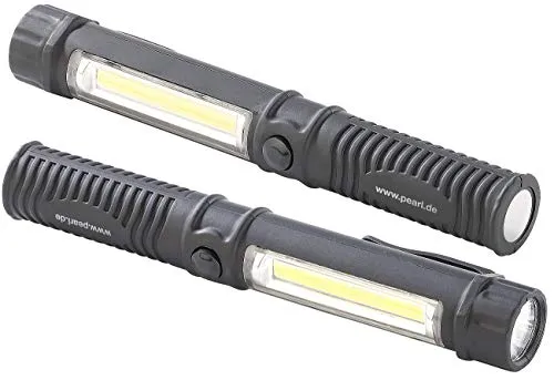 PEARL Werkstattlampe: 2er-Set 2in1-LED-Taschenlampen mit COB-LED-Arbeitsleuchte, Magnet (Werkstatt Taschenlampe LED, Stableuchte, Rucksack)