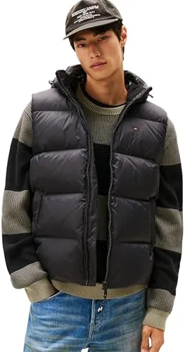 Tommy Jeans Herren Weste Essential Down Vest - Schwarz (Black), XL, zeitloses Design mit abnehmbarer Kapuze und warmen Füllung
