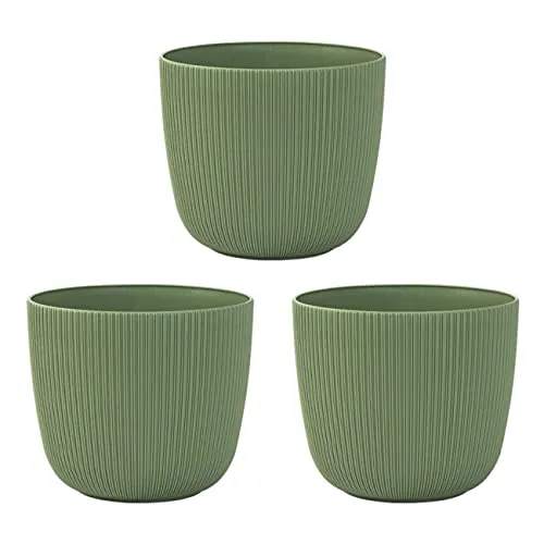 Engelland - 3 x Blumentopf mit Drainagesystem, Moos-Grün, Rillenoptik, Pflanz-Topf, Kübel, modern, widerstandsfähig, rund, wetterfest, Kunststoff, Ø 21 cm, 5 Liter