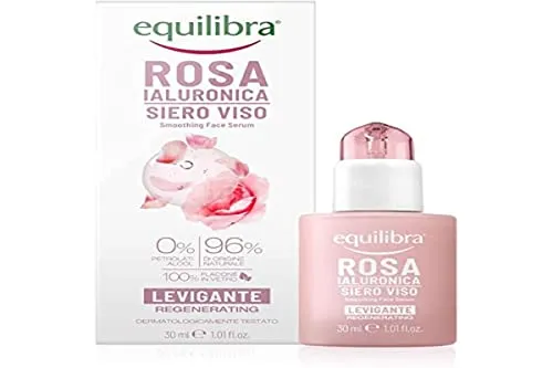 equilibra Gesicht, Rose, Hyaluronsäure, glättendes und samtiges Gesichtsserum, auf Basis von Damaszener-Rosen-Extrakt, Hyaluronsäure, Vitamin C und pflanzlichen Ceramiden, 30 ml