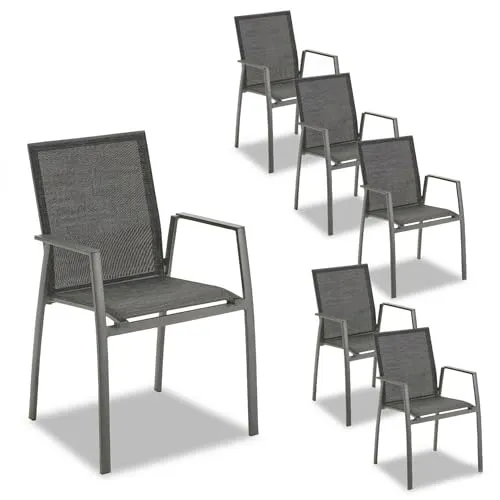 Liadomo Gartenstuhl 6er-Set Pellaro – Wetterfeste Stapelstühle für Garten und Terrasse - Gartenstuhl-Set mit 6 stabilen, wetterfesten Stapelstühlen aus pulverbeschichtetem Aluminium. Leicht, pflegeleicht und ideal für Balkon oder Terrasse. Komfortable Sitzfläche aus strapazierfähigem Textilen in modernem Anthrazit.