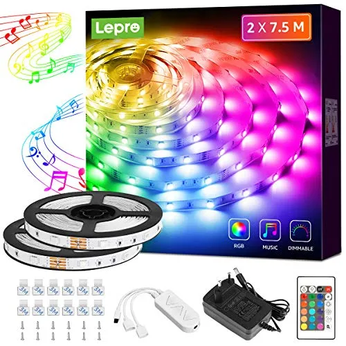 Lepro LED Strip 15M(2x7.5M), LED Streifen Musik Lichterkette mit Fernbedienung, Band Lichter, RGB Dimmbar Lichtleiste Light, Lichtband Leiste, Bunt Kette für Party Weihnachten Deko