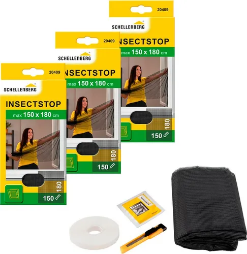 SCHELLENBERG Fliegengitter-Gewebe Insektenschutz und Mückenschutz für Fenster ohne bohren, (Set, 3-St), inkl. Befestigungsband, 150 x 180 cm, anthrazit und weiß