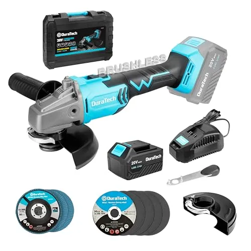 DURATECH Akku Winkelschleifer Bürstenlos 20V, mit 5 x Trennscheiben und 3 x Fächerscheiben, Ø125mm, 8500 U/min, mit 4,0Ah Akku, Schutzhaube, Ladegerät, Werkzeugkoffer, zum Schleifen und Schneiden