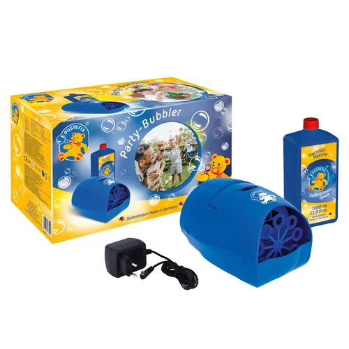 PUSTEFIX Party-Bubbler blau 1000 ml Seifenblasen - Gesellschaftsspiel für unvergessliche Events, mobil einsetzbar mit praktischem Tragegriff und bis zu 60 Minuten Seifenblasen-Spaß dank 250ml Tankinhalt.
