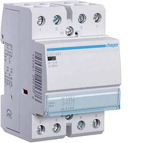 Hager Group ESC441 4-poliges Schütz 40 A - Steuerungsrelais für zuverlässige Schaltvorgänge, ideal für industrielle Anwendungen mit 4 Öffnern und 230 V AC-Spule.