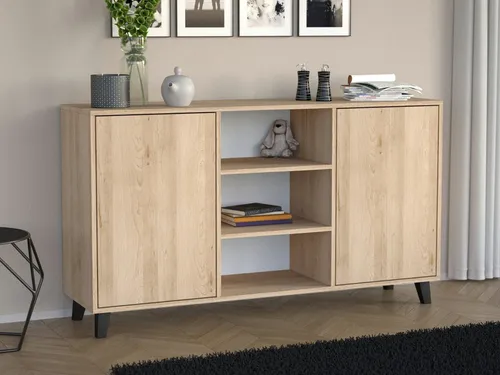 Beautysofa Kommode Eiche Artisan 150x85x40 cm - Moderne Kommode mit 2 Türen und offenen Regalen für eleganten Stauraum im Wohnzimmer. Robuster Korpus und individuelle Gestaltungsmöglichkeiten für jeden Einrichtungsstil.
