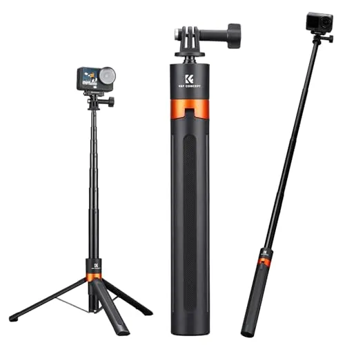 K&F CONCEPT 142 cm Selfie-Stick, 2-in-1 Tragbarer Stativ für Actionkameras | Stativ mit Dreizack-Halterung für GoPro Hero 13/12/11/10/Mission 1 PRO, Langer Selfie-Stab für Osmo Action 6/5 Pro/4, JF-106M