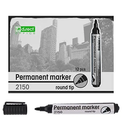 D.RECT 2150 Marker Permanent | Permanentmarker Wasserfest mit Rundspitze | Stifte Bunt Wasserfest | Wasserfeste Stifte für Viele Oberflächen 12 Stück - Schwarz