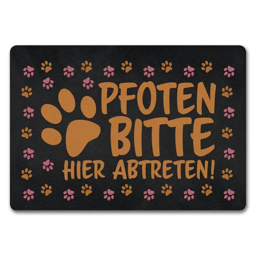 Pfoten bitte hier abtreten Fußmatte 35x50 cm mit bunten Fußspuren - Bunte Fußmatte für den Eingangsbereich, Größe 35x50 cm, aus langlebigem Kunstfaser-Gummi. Ideal, um Schmutz draußen zu halten und einen einladenden Eindruck zu hinterlassen.