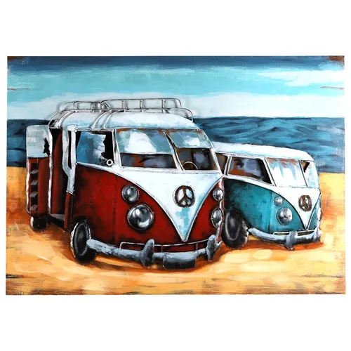 Wandbild Metallbild Unikat Relief Strandbus 2er Rot Blau 100x70cm handmade