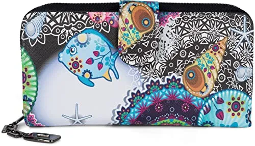 styleBREAKER Damen Geldbörse mit Buntem Blumen Blüten Mandala Muster, Ethno Style, Reißverschluss, Portemonnaie 02040040, Farbe:Schwarz-Weiß-Türkis-Rosa