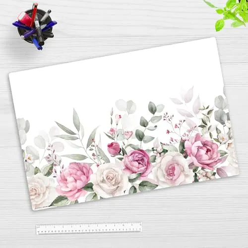 Schreibtischunterlage für Kinder und Erwachsene - Rosa Rosen und Salbei Aquarell - 60 x 40 cm - aus hochwertigem Vinyl - Made in Germany