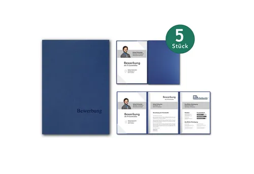 STRATAG Bewerbungsmappe SELECT OPTIMA-plus - 5 Stück in Königsblau, handgefertigt - Premium Bewerbungsmappe aus stabilen Naturkarton, ideal für professionelle Präsentationen. Mit 2 Klemmschienen und Folien-Einschüben für optimale Organisation.