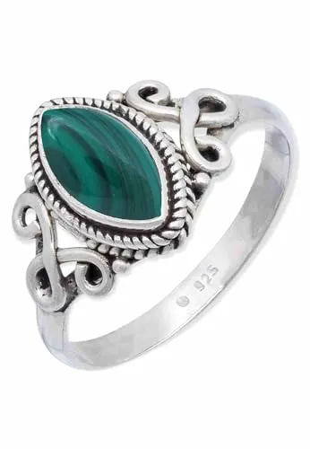 mantraroma Damen Ring Silber mit Stein Malachit Edelstein grün ausgefallen verspielt