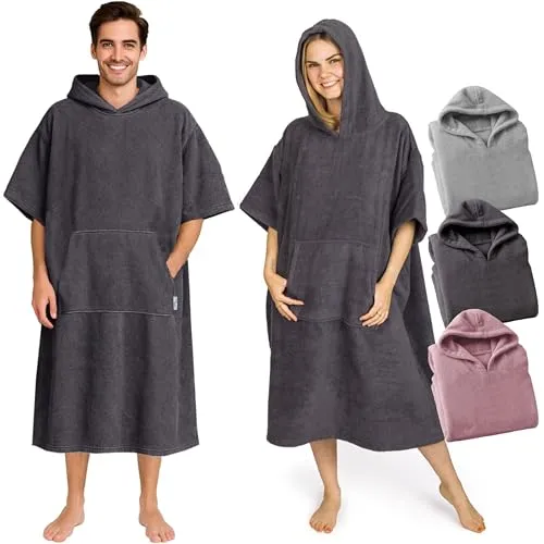 CalmyBEACH Frottee Badeponcho für Damen und Herren - Bademäntel aus 100% Baumwolle, mit Kapuze und Bauchtasche, ideal für Strand, Sauna und Camping, saugfähig und schnelltrocknend.