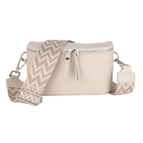 MIRROSI® Damen Bauchtasche Umhängetasche (23x13x7cm) Damen, Made in Italy, aus Echtleder Tasche Echtes Leder, Brusttasche, Crossbody Bag,Bohemian Style (1 Tasche 2 Gurte) (Beige Boho Taupe)