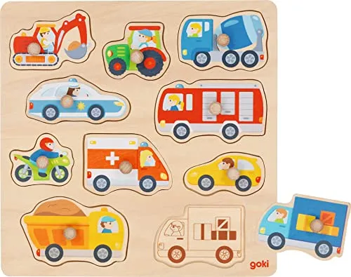 goki 57391 - Hintergrundbildpuzzle Fahrzeuge aus Holz, 10 Teile für Geduld und Konzentration, farbenfrohes Design und massives Holz