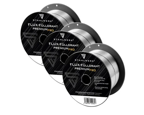 STAHLWERK Schweißdraht 0,9 mm MIG MAG - 3er Set - Premium FLUX Schweißdraht für Fülldraht-Schweißgeräte, mit hoher chemischer Reinheit für spritzfreies Schweißen und geeignet bis 1400 °C.