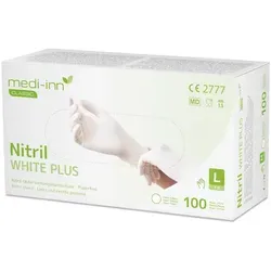 Medi-Inn® PS Handschuhe, Nitril puderfrei White Plus Größe L - Medizinische Nitrilhandschuhe in Weiß, ideal für Reinigung, Altenpflege und Lebensmittelbereich. AQL 1,5, polymerbeschichtet mit Gripstruktur für optimale Haftung.