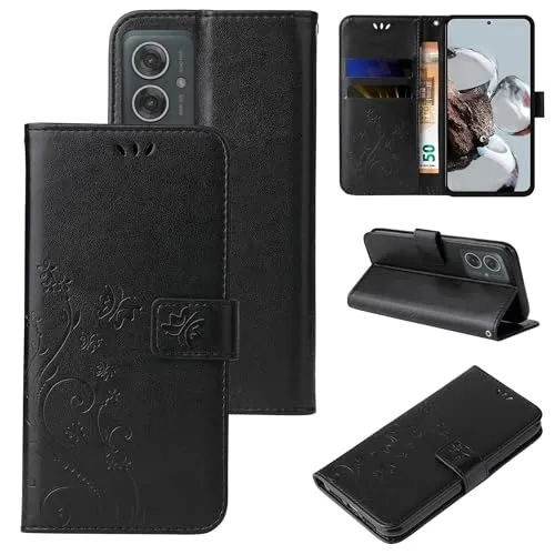 LBH Handy Hülle für Motorola Moto G55 5G Case Handytasche Schmetterling Blumen Flower Standfunktion Schutzhülle Magnet Rundum Schutz 360 Grad Flipcase Cover Schwarz
