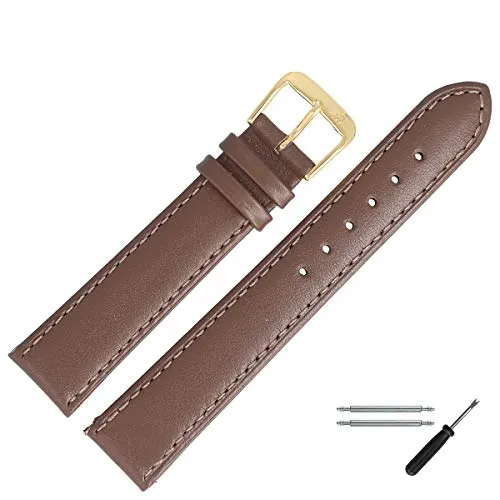 MARBURGER Uhrenarmband 14mm Leder Braun Gold Glatt Mit Naht - Montage Set 8071432000220