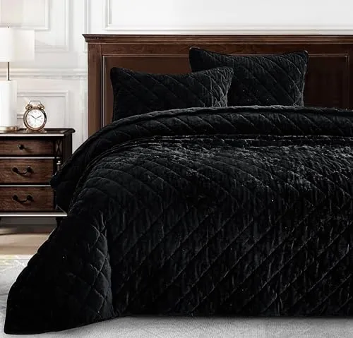 Chezmoi Collection Lux Steppdeckenset, plüschige strukturierte Samtbettwäsche, leichte Ganzjahresdecke mit Rautensteppung und gebürsteter Mikrofaser-Rückseite, Schwarz, Übergröße King, 3-teilig