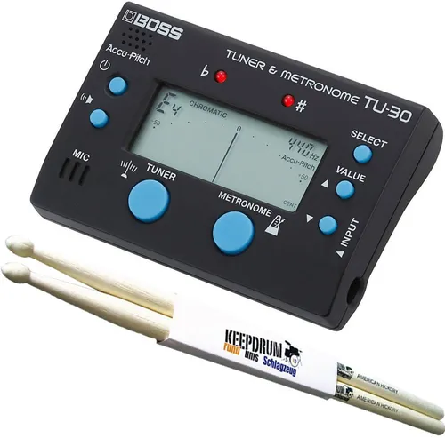 Boss TU-30 Stimmgerät und Metronom - Kombiniertes Stimmgerät und Metronom für Gitarre und Bass, mit eingebautem Mikrofon und Klinkeneingang. Ideal für präzises Stimmen und abwechslungsreiches Üben.