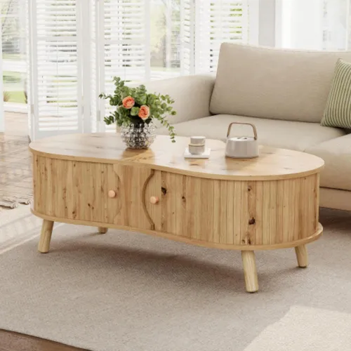 Eleganter Couchtisch mit 2 Schiebetüren für stilvolles Wohnen - Dieser elegante Couchtisch kombiniert sanfte Linien mit praktischen Schiebetüren für platzsparende Aufbewahrung. Ideal für ein modernes Wohnzimmer, bietet er großzügigen Stauraum und verleiht jedem Raum eine warme Atmosphäre.
