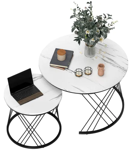 HOMCOM Couchtisch rund 2er Set mit Marmoroptik