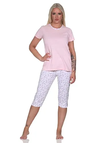 Normann Floraler Damen Capri Pyjama Schlafanzug mit Streifen, 3/4 Hose & Rundhals, Farbe:rosa, Größe:48-50