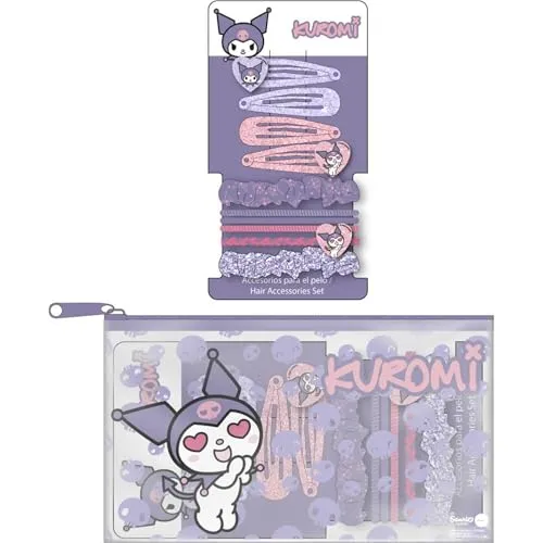 Kuromi Beauty Zubehör Set | Kinder-Set mit Etui, Pinzette, Strumpfbänder und Scrunchies | Frisur-Zubehör im Kuromi-Design