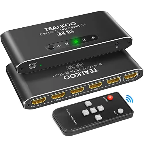 HDMI Splitter 5 In 1 Out - 4K Aluminium Switch mit Fernbedienung - Video Umschaltpulte mit 5 Eingängen für müheloses Umschalten zwischen Geräten, unterstützt 4K-Auflösung und bietet eine komfortable Fernbedienung für bequemes Handling.