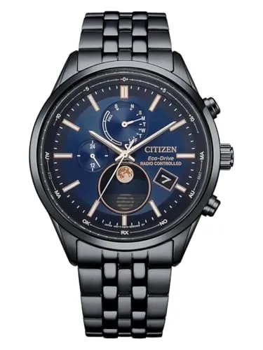 Citizen Attesa Funk-Mondphase BY1035-56L Schwarz-Blau - Armbanduhr mit Funktechnologie, 100 m wasserdicht, Mondphase und 150 Tage Gangreserve – ideal für stilbewusste Herren.