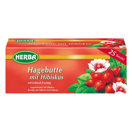 Herba Hagebuttentee mit Hibiskus - Erfrischend fruchtig in 25 Beuteln - Tees: Genießen Sie den fruchtigen Geschmack des Herba Hagebuttentees mit Hibiskus, ideal für eine erfrischende Auszeit.