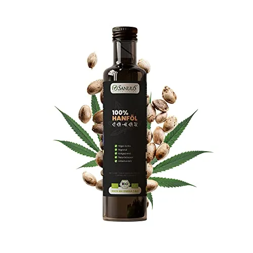 SANUUS Bio Hanföl kaltgepresst 500ml - Rein aus Naturland Hanfsamen ungeschält Bio - Premium Hanföl Bio aus Deutschland zum Braten und Kochen - Reich an Omega 3-6-9 Fettsäuren