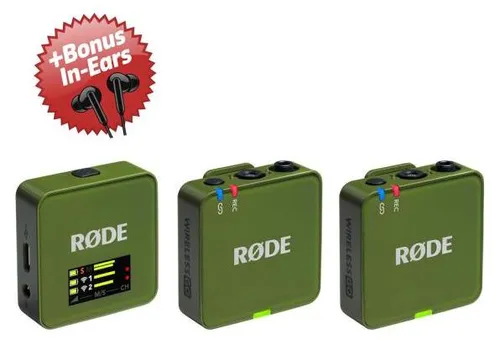 Rode Wireless GO Gen 3 Funkmikrofonsystem + In-Ear Kopfhörer - Khaki - Das Rode Wireless GO Gen 3 ist ein kompaktes Funkmikrofonsystem mit zwei Sendemodulen. Ideal für Interviews und Präsentationen, bietet es eine Reichweite von 260 m und kristallklare Audioqualität.