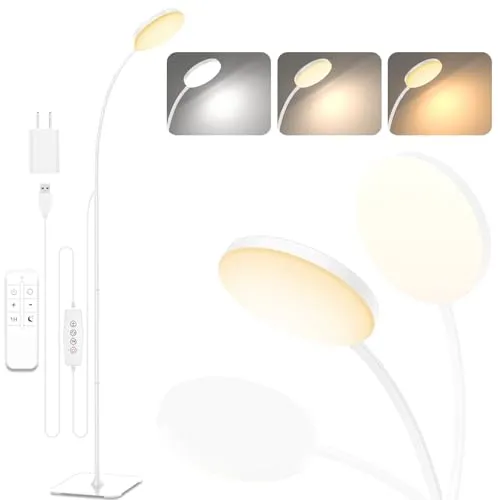 Mojimdo Stehlampe mit Fernbedienung - Dimmbar & Flexibel - Moderne LED Stehlampe mit 3 Farben und 10 Helligkeiten. Ideal für Wohnzimmer, Büro oder Kinderzimmer. Einfache Bedienung per Fernbedienung und Dimmer am Kabel.